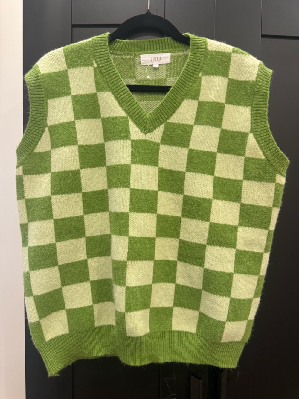 LUCCA Green Checkered V-Neck Sweater Vest